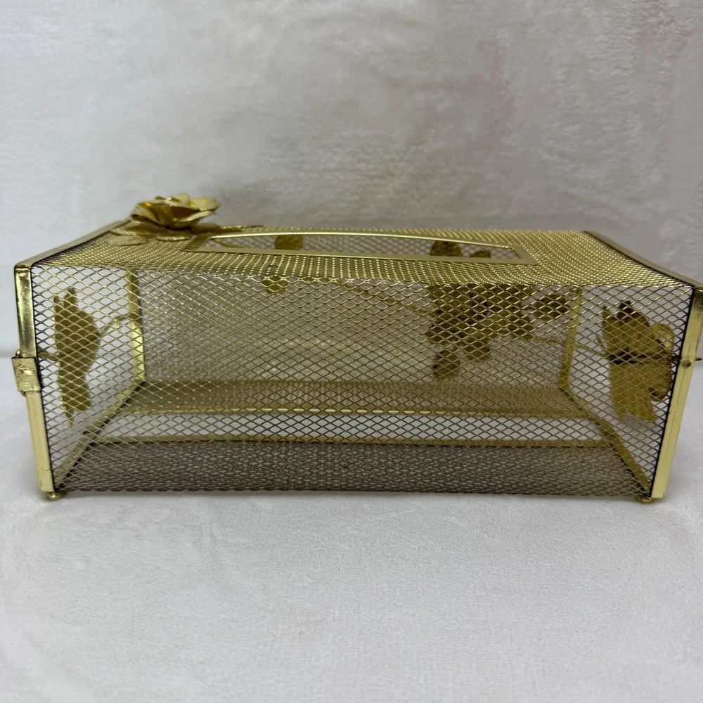 VTG Gold Tone Mesh Tissue Box‎ Cover Holder Hollywood Regency Rose Floral Metal